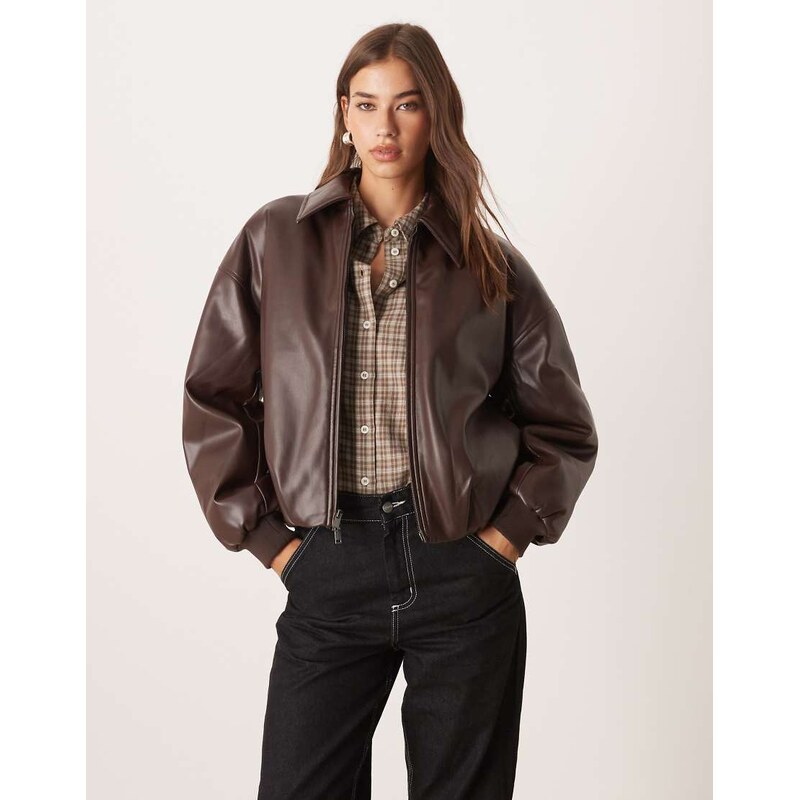 Abercrombie & Fitch vegan leather bubble hem bomber jacket in brown 109486585