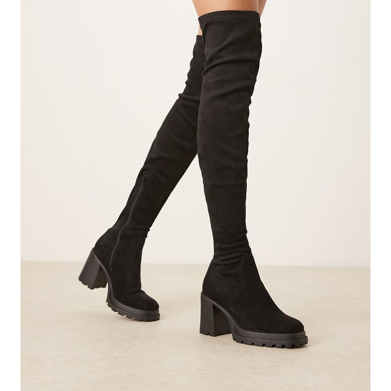 ASOS DESIGN Wide Fit Kai chunky heeled over the knee boots in black suedette