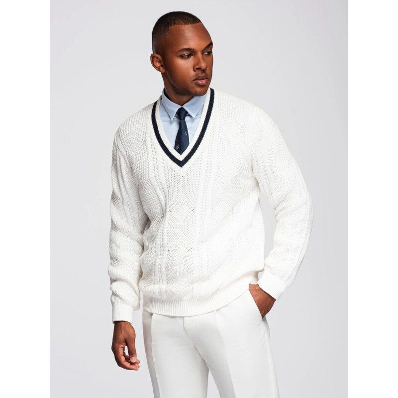 Ombre Clothing Elegantní pletený svetr pro muže bílý v1 om-swcd