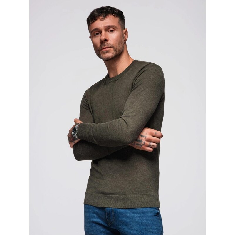 Ombre Clothing Klasický olivově zelený svetr s kulatým výstřihem