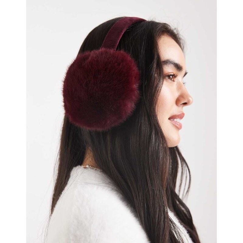 New Look faux fur earmuffs in burgundy-Red