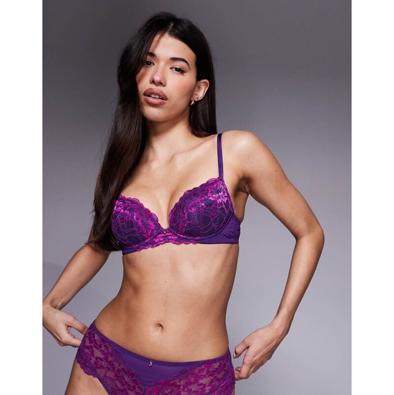 Ann Summers sexy lace two tone padded plunge bra in dark purple 109503018