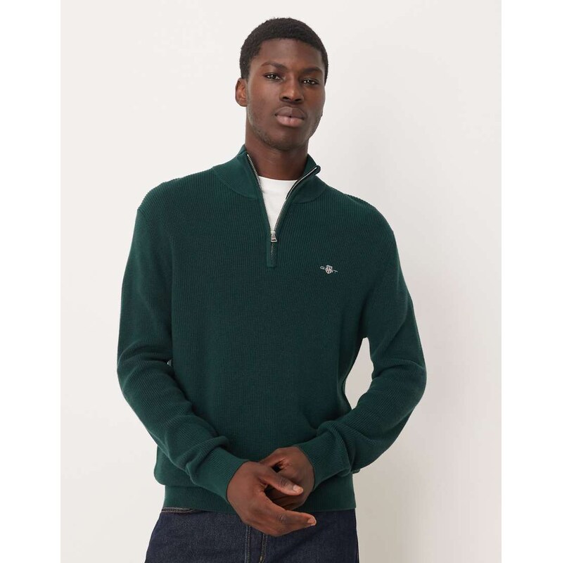 GANT cotton ribbed half zip knit jumper in dark green