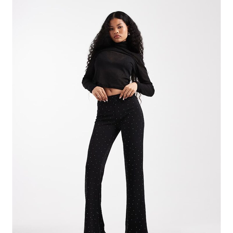 ONLY Petite rhinestone flare trousers in black