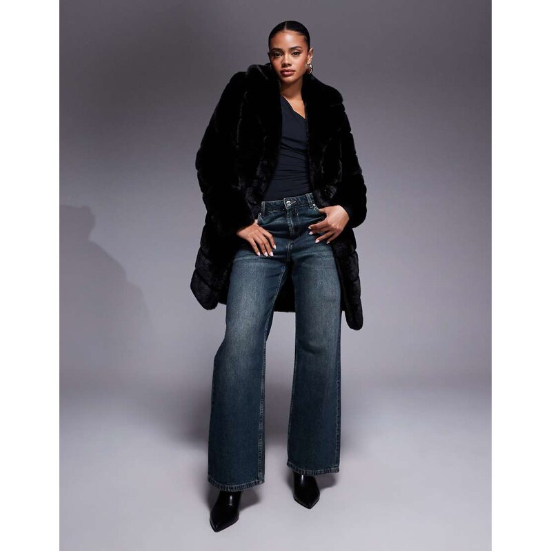 Forever New tiered faux fur coat in black