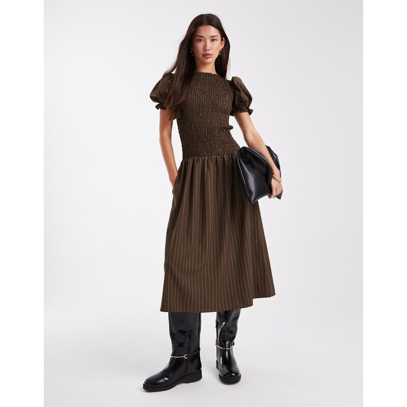 Daisy Street puff sleeve drop waist maxi dress in brown yellow 110609393