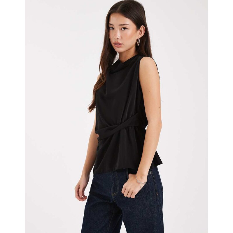ASOS DESIGN cowl neck sleeveless top with twist waist detail in black 115515376
