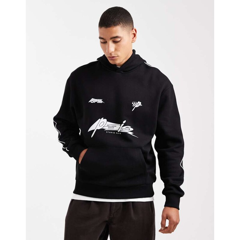 ASOS DESIGN relaxed hoodie with print and piping in black