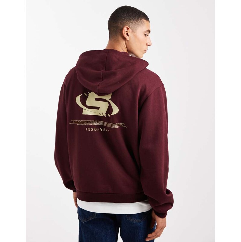 ASOS DESIGN relaxed boxy hoodie with print in burgundy-Red
