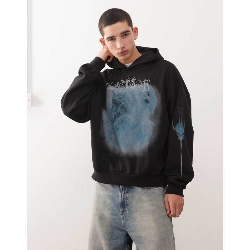 Weekday boxy oversized fit hoodie with dragon graphic print in