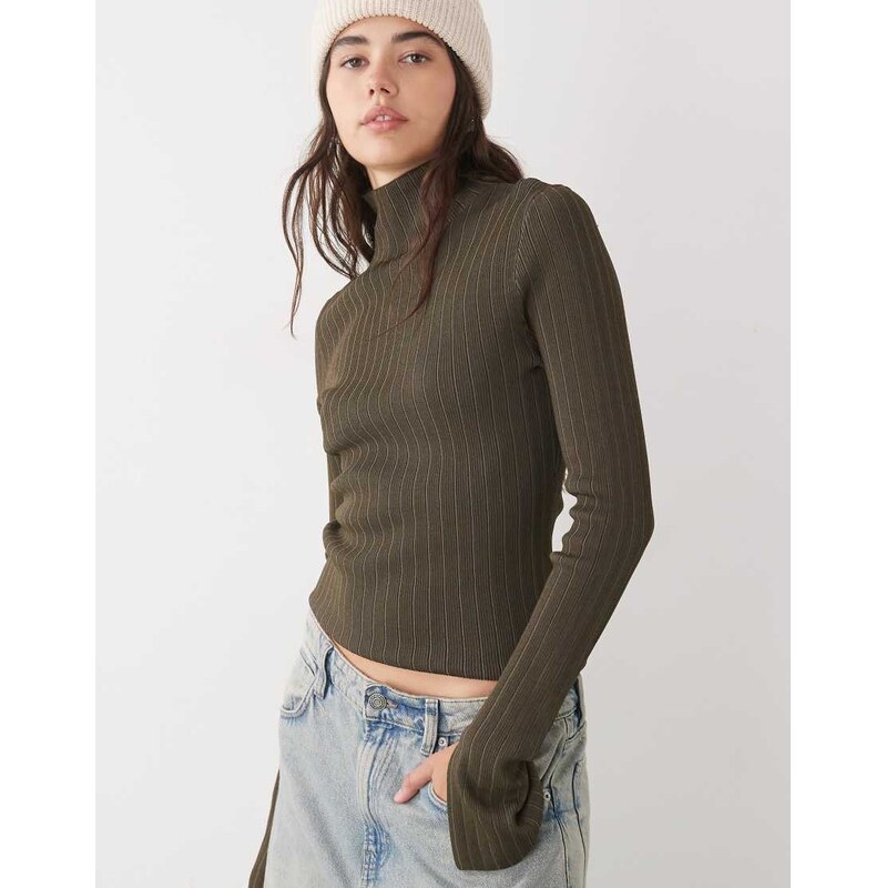 Weekday fitted turtle neck jumper in two-tone khaki & dark brown 115554857