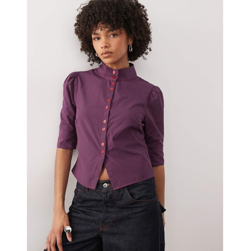COLLUSION button up blouse in red & blue check-Multi