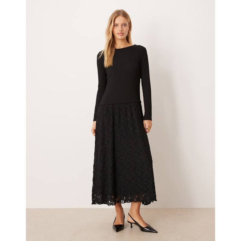 ASOS DESIGN long sleeve bardot lace skirt midi dress in black