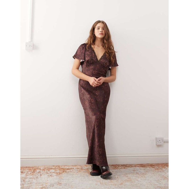 Reclaimed Vintage maxi dress with angel sleeves and lace in plum
