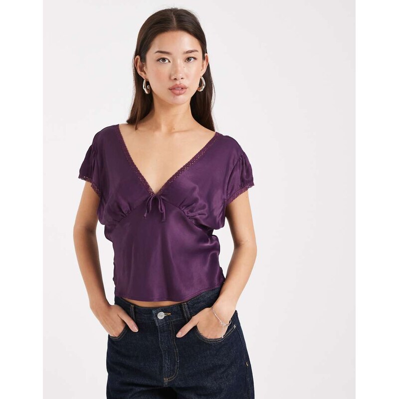 ASOS DESIGN lace trim satin blouse in plum-Purple