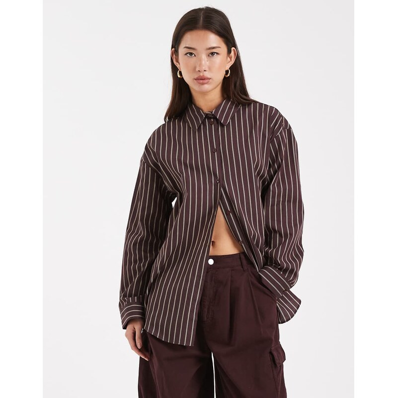Miss Selfridge oversized poplin shirt in chocolate stripe-Multi 115517749