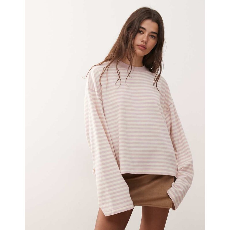 Lioness Bloom cotton blend long sleeve crew neck boxy t-shirt in blush 114899282