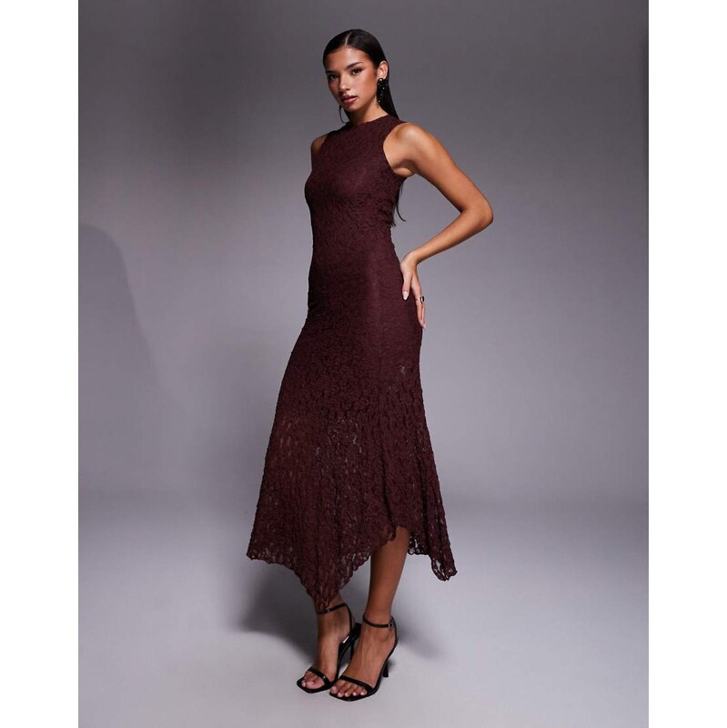 ASOS DESIGN lace sleeveless column midi dress in chocolate-Brown