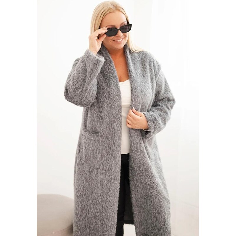 MladaModa Oversize kabát bez zapínání s kapsami model 21789 šedý 109313223