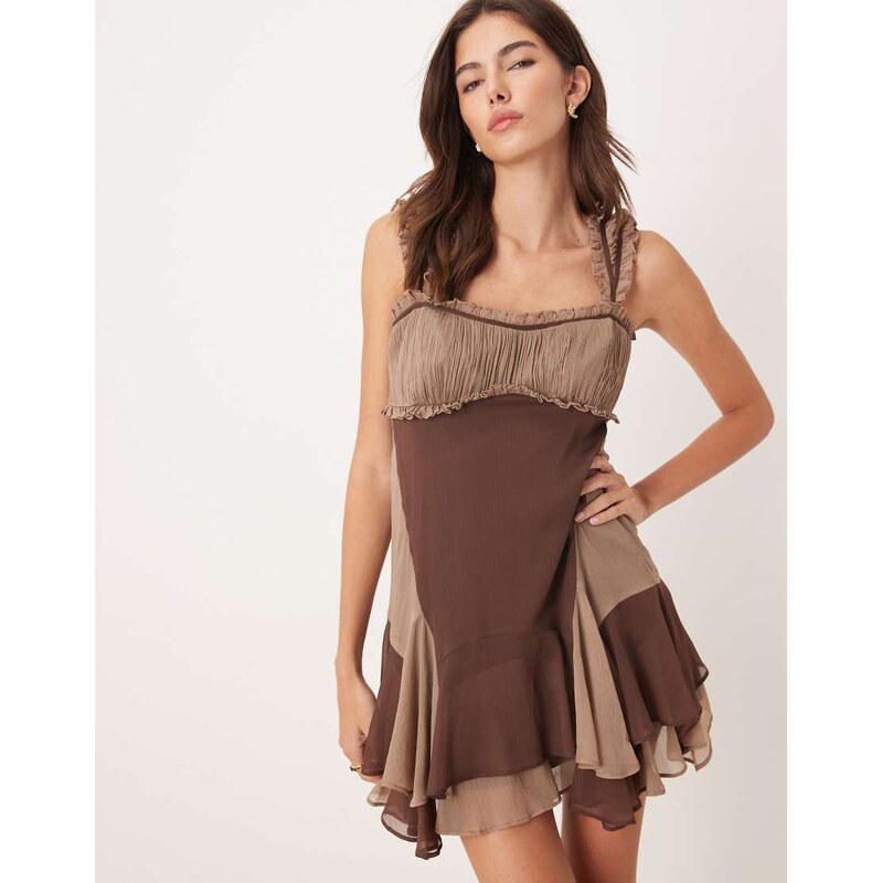 ASOS DESIGN cap sleeve contrast ribbon ruffle hem mini dress in