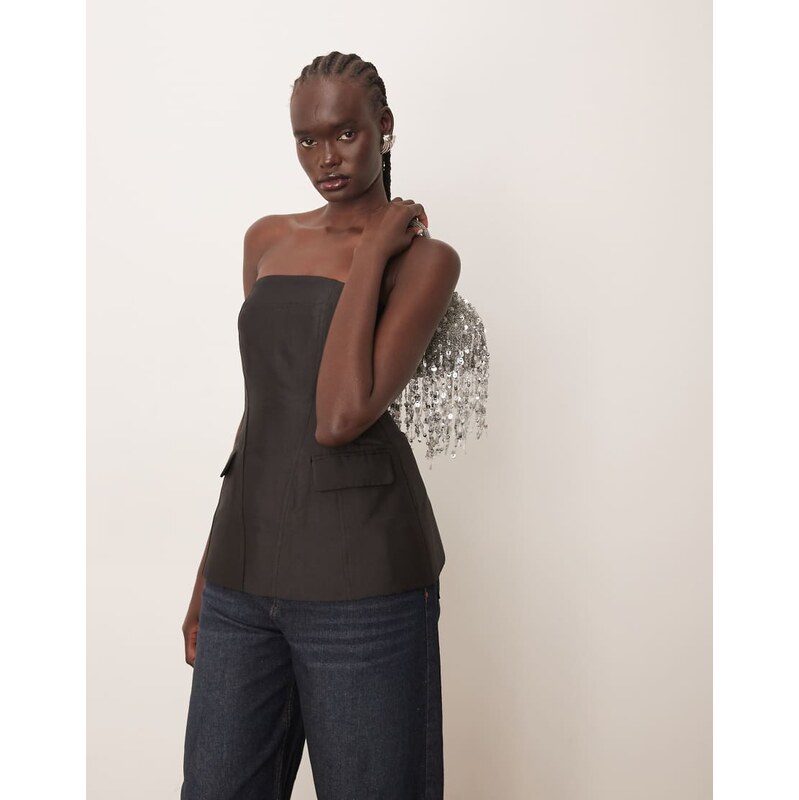 ARRANGE heavy bonded satin sculpted bandeau top in black