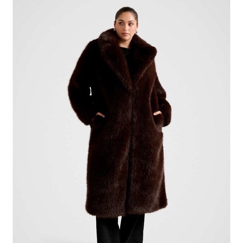 Forever New Curve faux fur longline coat in chocolate-Brown 113327411