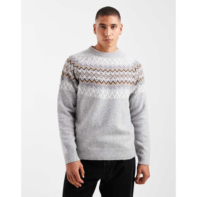 Threadbare fairisle print crew neck jumper in light grey