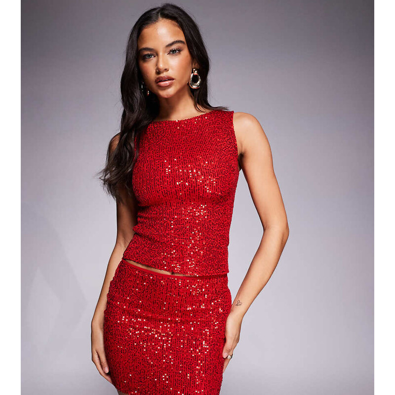 Kaiia exclusive sequin mini skirt co-ord in red