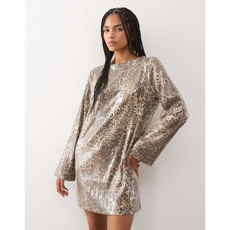 Noisy May open back sequin mini dress in leopard-Black 109505873