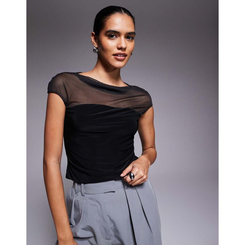 ASOS DESIGN mesh slinky mix slash neck top in black