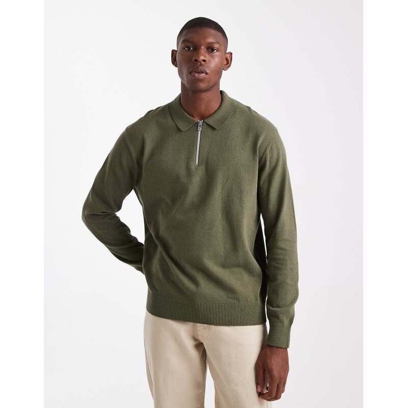 JJ Rebel half zip knitted polo jumper in khaki-Green