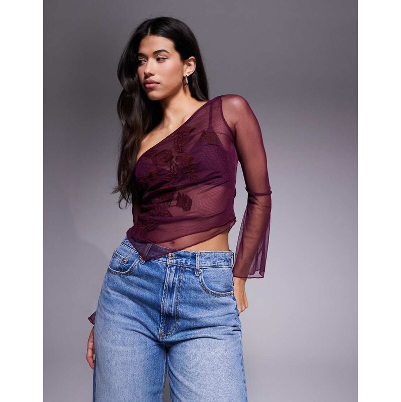 ASOS DESIGN asymmetric embroidered mesh one shoulder top in