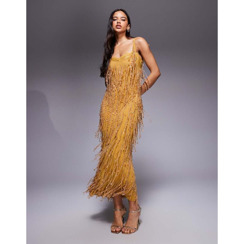 ASOS DESIGN embellished midi dress with sheer lace lining in mustard 115746213