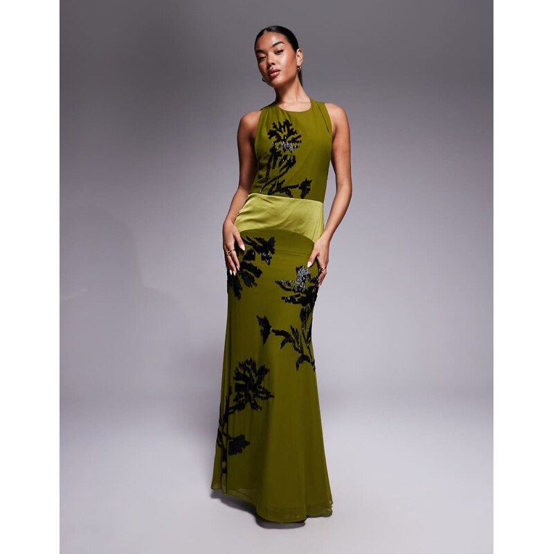 ASOS DESIGN shadow floral embellished satin panel maxi dress in