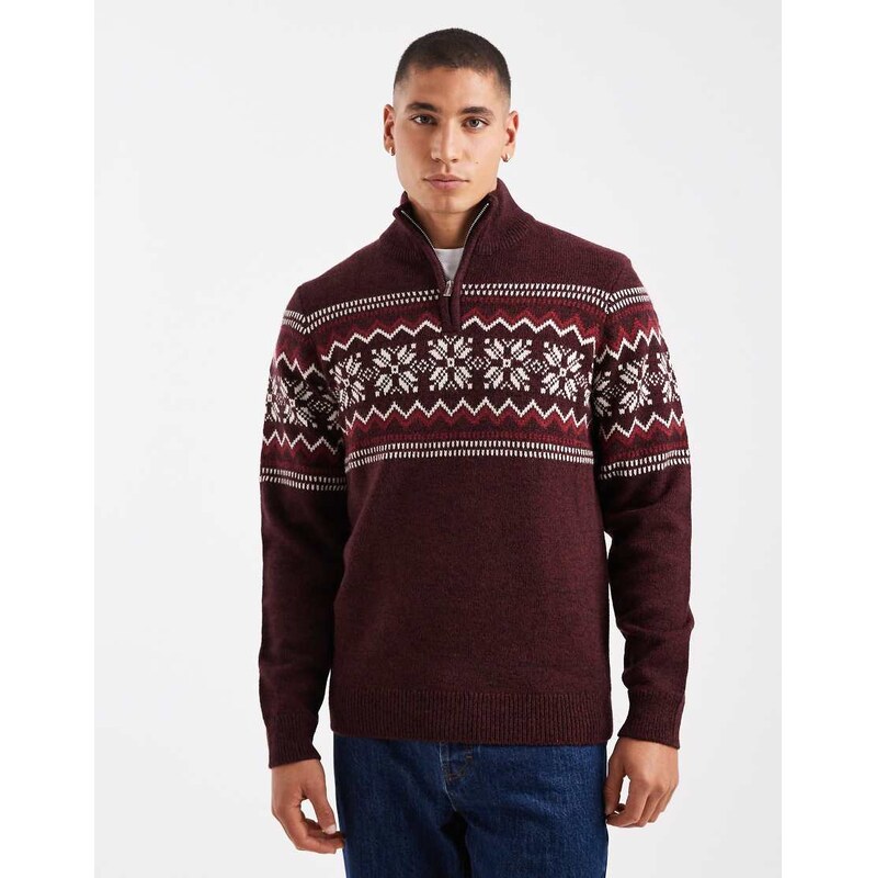 Threadbare 1/4 zip fairisle print jumper in burgundy-Red