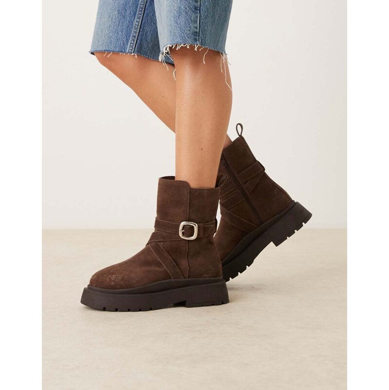 ASOS DESIGN Amelia suede chunky flat ankle boots with buckle