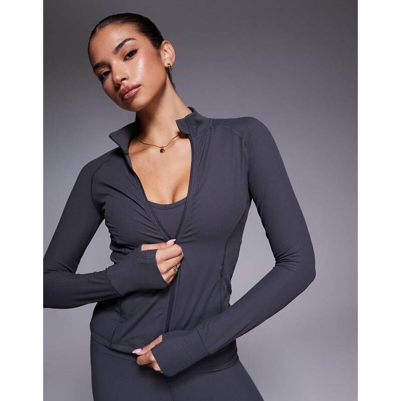 4505 soft touch rib sculpting zip up long sleeve jacket in dark grey 109614682