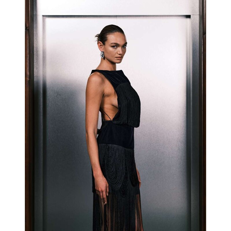 ASOS DESIGN velvet fringed midi dress with open back in dark navy 109614731