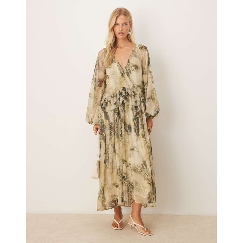 ASOS DESIGN v neck smock midi dress with ruffles in green abstract print-Multi