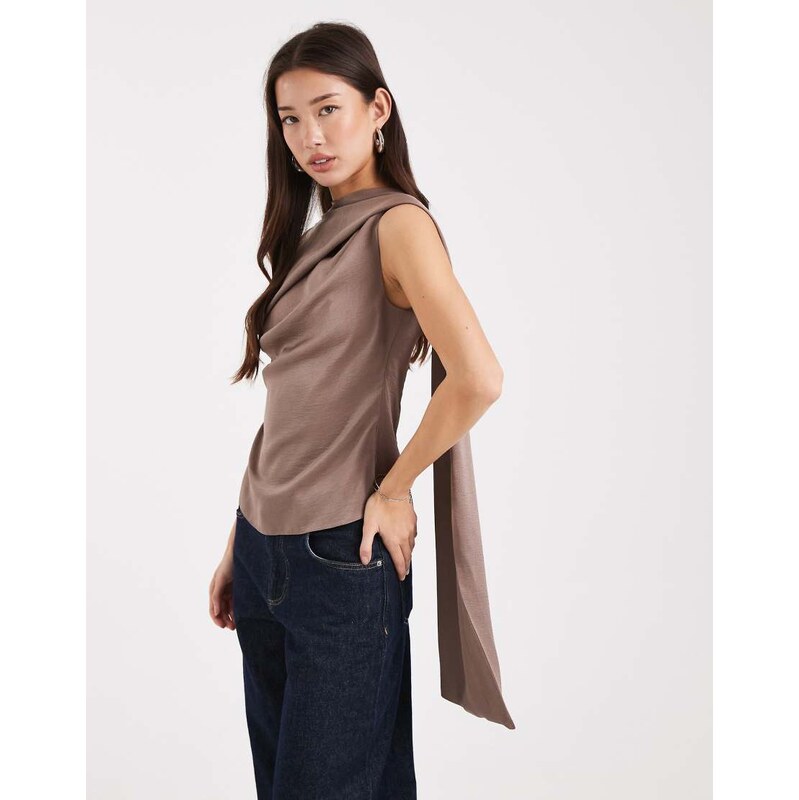 ASOS DESIGN scarf detail satin drape top in mocha-Neutral 112680352