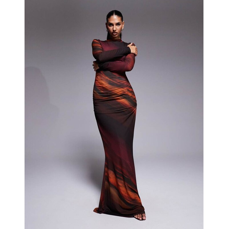 TFNC mesh high neck ruched side maxi dress in burgundy ombre