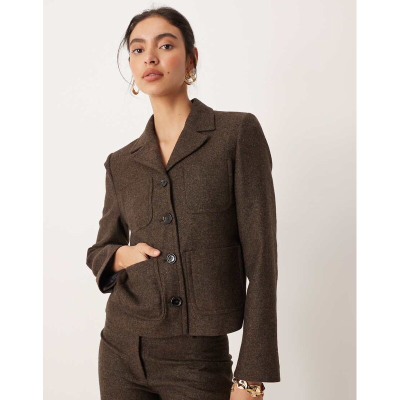 Mango Camila wool mix short blazer co-ord in chocolate-Brown 110353306