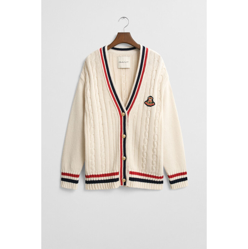 KARDIGÁN GANT VARSITY CABLE V-NECK CARDIGAN CREAM