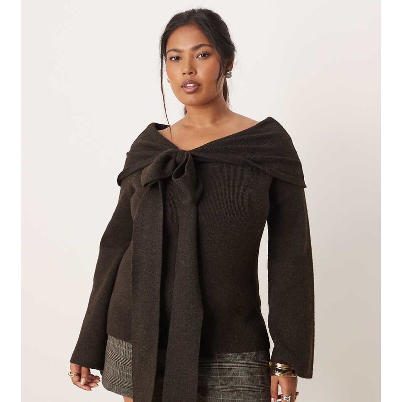 Pretty Lavish Curve bow bardot knit top in chocolate brown 109848684