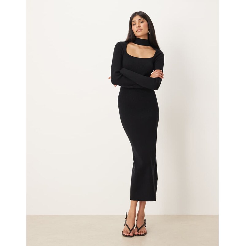 Pretty Lavish knitted square neck choker detail midaxi dress in black 109786994