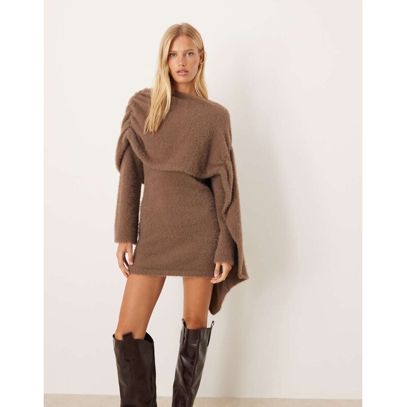 Pretty Lavish drape knit mini dress in mushroom-Brown 109848701