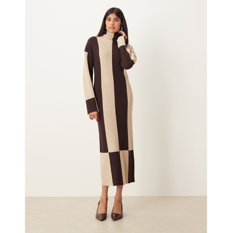 Pretty Lavish knitted high neck midaxi jumper dress in beige and brown 109781464