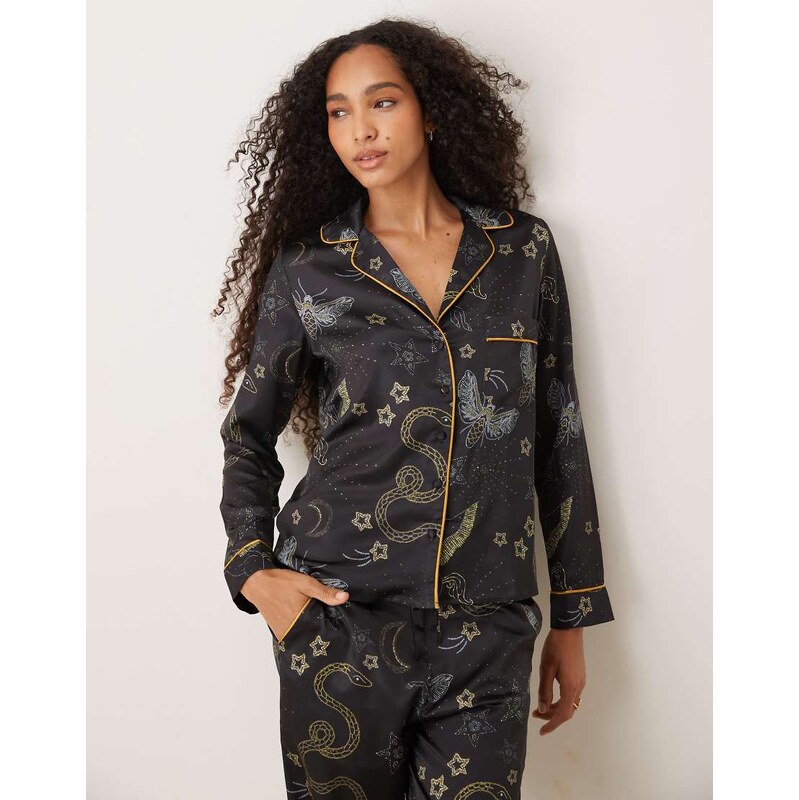 Hope & Ivy satin pyjama top and trousers set in navy celestial-Blue 112696440