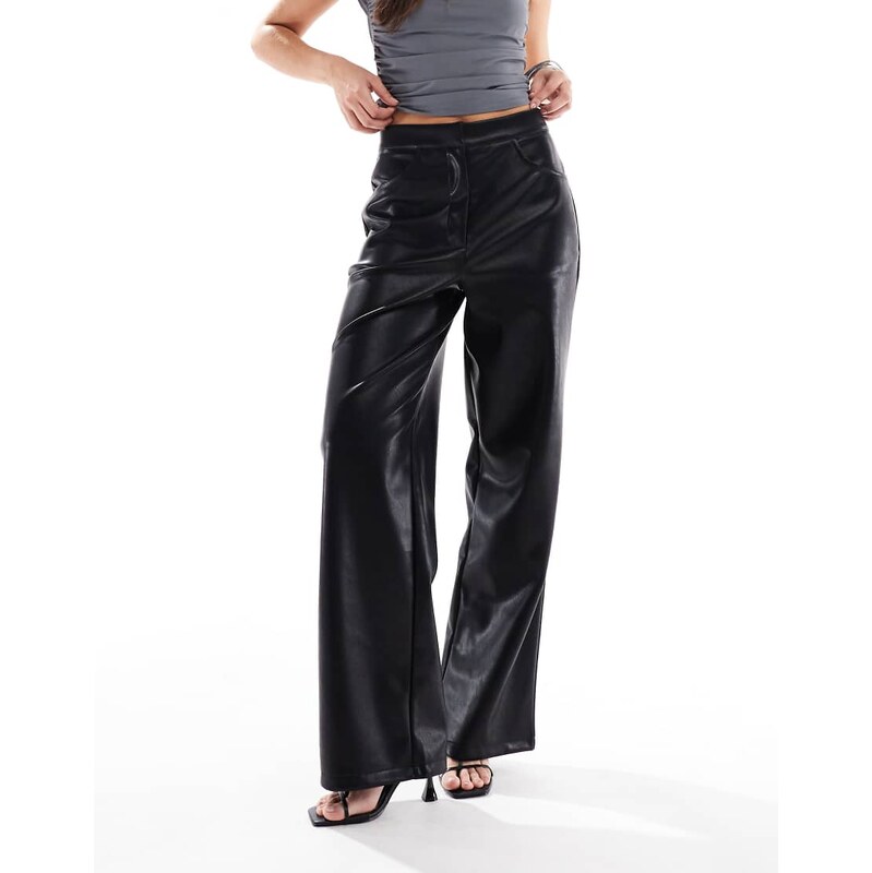 ASOS DESIGN leather look wide leg trouser in black