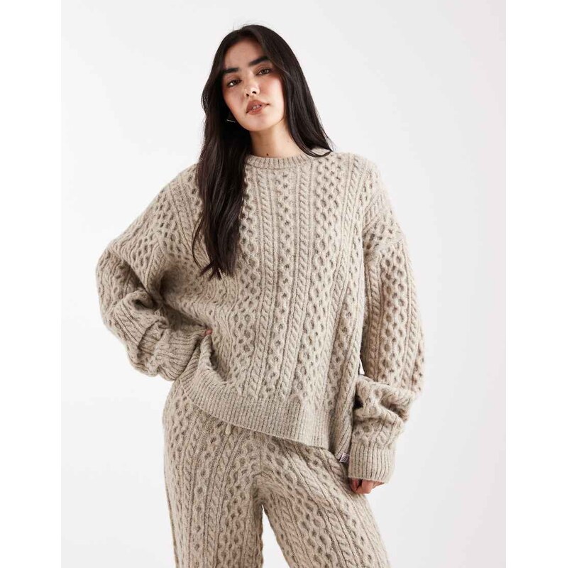 Daisy Street slouchy crew neck cable jumper in grey marl co-ord
